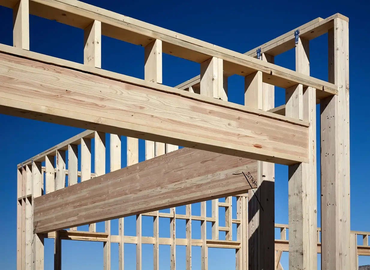 SilvaLam framed wood beams against blue sky
